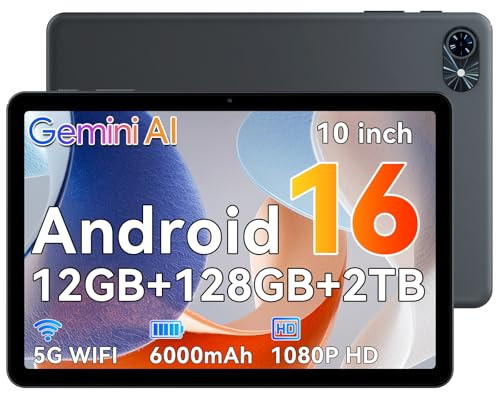 10 Inch Android 16 Tablet with GEMINI AI 2.0, 12GB RAM+128GB ROM Expandable to 2TB, 120Hz 1080P HD Display, 5G WiFi, 6000mAh Fast Charging, Bluetooth 5.0 GPS, Grey, 2-Year Warranty