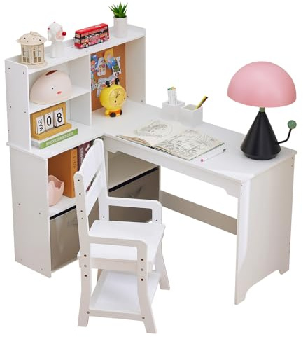 Crevyteg Kids Corner Desk and Chair Set – L-Shaped Study Table with Bulletin Board, Open Shelves, Storage Cabinets, Cloth Drawers, Mirror Vanity – Ideal for Homework, Art, Reading, Play – White & Pink