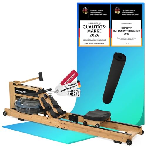 CHRISTOPEIT Rudergerät für Zuhause Colorado - Wasserrudergerät klappbar | Bambus, Holz, Hybrid Wasser-Magnet-System, Kinomap, Bluetooth, leise Sitzrollen, ergonomisch, einfacher Aufbau