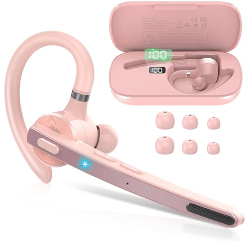 Bluetooth Headset V5.3, Wireless Freisprech Telefon mit CVC 8.0/ENC Dual Mic, APTX, Mute Zwei-Geräte-Verbindung Headset Handy, 90H Spielzeit Bluetooth Ohrhörer mit Ladebox für Geschäft/Trucker Rosa