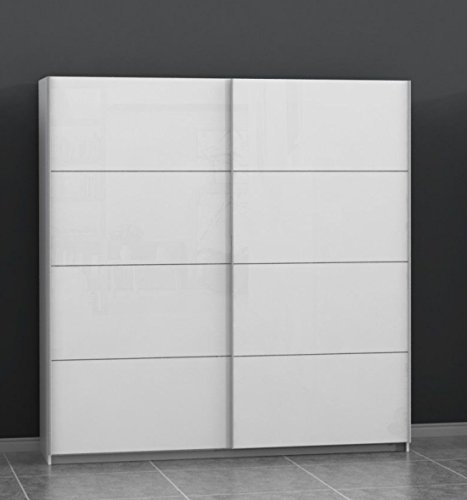FORTE Starlet Plus Schrank 200, Kleiderschrank, Schwebetürenschrank Modern Schlafzimmer 2-türig mit Einlegeböden und Kleiderstange, Weiß/Weiß Hochglanz, 200 cm breit x 210 cm hoch x 61 cm tief