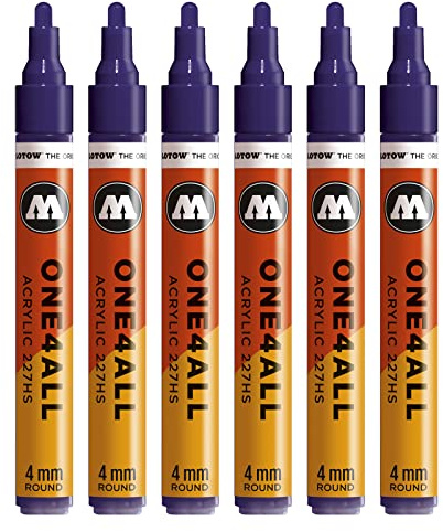 Molotow One4All 227HS Acryl Marker 6 Stück, Farbe 043 violett dunkel | 4,0 mm Strichstärke, hochdeckend und permanent, schnell trocknend, UV-beständig, nachfüllbar, für fast alle Untergründe