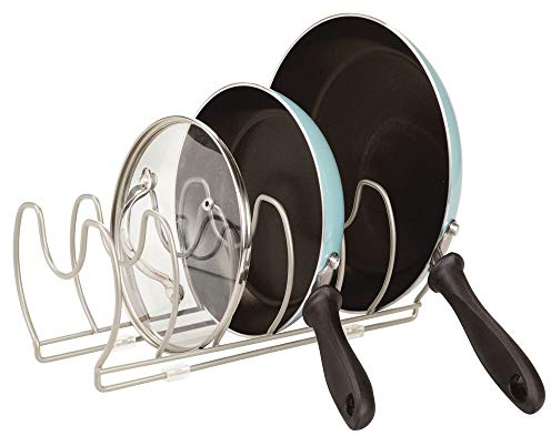 mDesign Abtropfgestell aus Metall für Töpfe, Pfannen und Deckel - Kompakter Deckelhalter für Küchenschrank - Platzsparende Aufbewahrung für Küchenutensilien - matt silber
