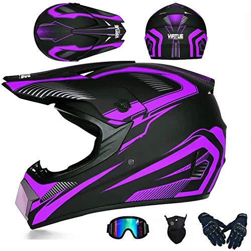JCLDG Herren Offroad Motocross Helm Schwarz/Rockstar Motorradhelm + Handschuhe + Brille + Schutzbrillen Adult Off Road Fullface MTB Helm Mopedhelm für Kids Damen Sicherheit Schutz,Lila,M