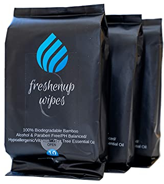 Lingettes corporelles désodorisantes Freshenup pour adultes. 100% biodégradables en bambou avec de l'huile d'arbre à thé. Parfaites après l'entraînement, le camping et les voyages. (30 lingettes)