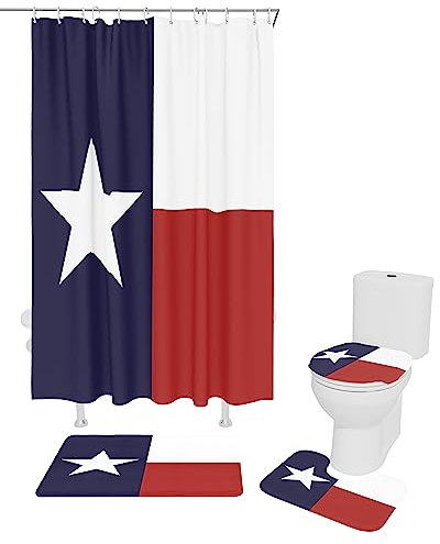 4-teiliges Western-Dekor-Duschvorhang-Set mit rutschfestem Teppich, WC-Deckelbezug, Badematte und 12 Haken, wasserdichtes Duschvorhang-Set für Badezimmer – Texas State Lone Star State Flagge