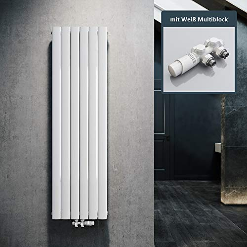 ELEGANT Design Heizkörper Flach 1600x462mm mit Weiß Multiblock Thermostat Flachheizkörper Weiß Doppellagig Vertikal Heizkörper Mittelanschluss