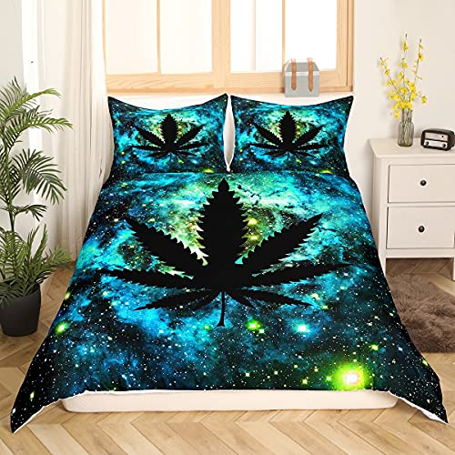 Loussiesd Marihuana Blatt Bettbezug Set Cannabis Blätter Bettwäsche Set Galaxy Universum Weltraum Betten Set Sternenhimmel Nebel Bettwäsche 135x200cm für Kinder Erwachsene Türkis Weich