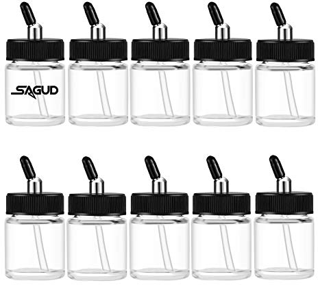 SAGUD 10pcs Glass Airbrush Bottles Kit 20cc Air Brush Gun Jar with 10 pc Adapter Cap Covers Set, Fits Dual–Action Siphon Feed Airbrushes