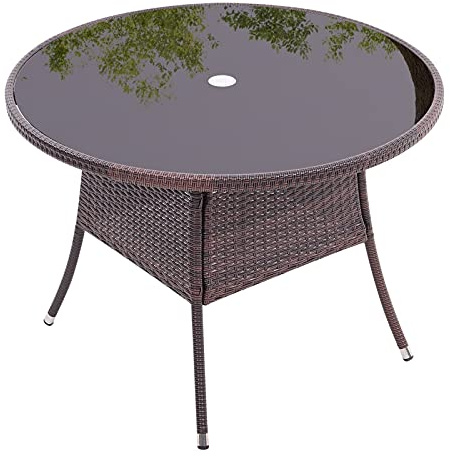 The Fellie Patio Table Garden Rattan Table Tempered Glass Tabletop 105cm Round Coffee Tables Outdoor Bistro Tables with Umbrella Hole,Brown