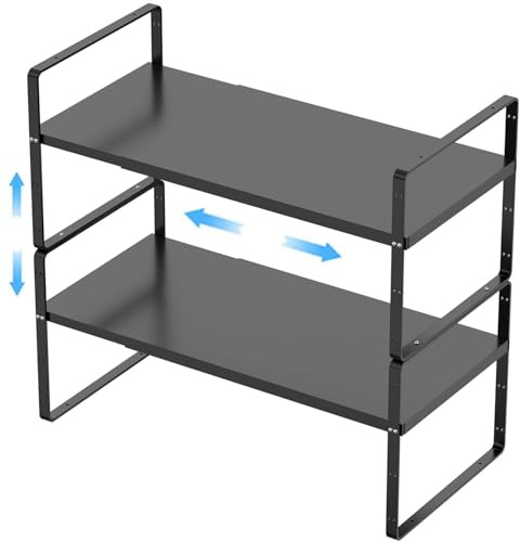 GEDLIRE Erweiterbarer Schrankregal Küchenregal Organizer, stapelbarer Metall Gewürzregal Regaleinsatz Schrank-Organizer Regal, Küche Aufbewahrung Lagerregal für Zuhause, Speisekammer, 2er Set, Schwarz