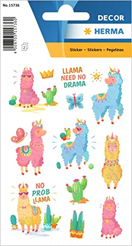 HERMA 15736 Aufkleber Lama Glitzer klein, 24 Stück, Tiere Sticker mit lustigen Alpaka Kaktus Motiv, Kinder Etiketten für Fotoalbum Tagebuch Poesiealbum Scrapbooking Geburtstag Deko Briefe DIY Basteln