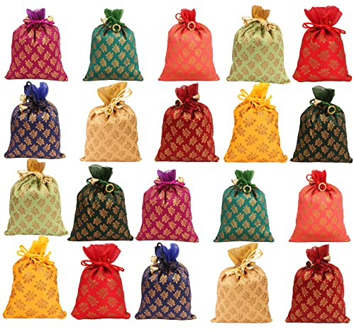 Touchstone Traditionelle indische handgemachte attraktive Blütenblätter Muster Shopping Geschenke Schmuck Hochzeit Lebendige Mehrfarbige Süßigkeitenverteiler Beutel mit Kordelzug für Frauen 20 Stück