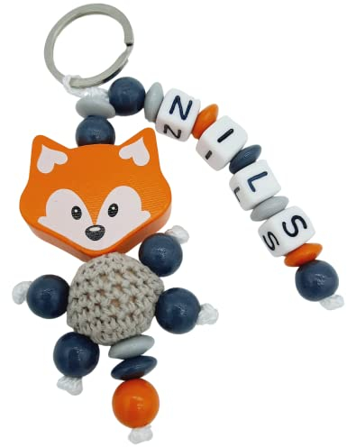 Schlüsselanhänger mit Namen personalisiert - 3D Fuchs mit Häkelperle - orange grau hellgrau - Namensanhänger für Kinder Mädchen Junge
