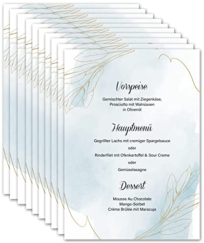 Menükarten Hochzeit zum Bedrucken DIN A5 - Blanko Speisekarten Getränkekarten individuell anpassbar für verschiedene Anlässe (10x Stück, Goldblätter)
