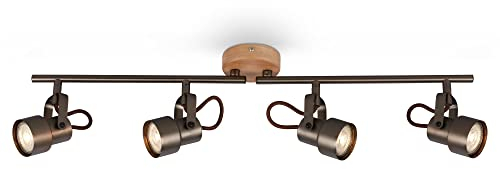 BRILONER Leuchten – LED Deckenlampe retro mit Holz, 4-flammige Deckenleuchte vintage, warmweiße Farbtemperatur, verstellbarer LED Spot, rustikaler Deckenspot, Grau-Holz, 2872-045