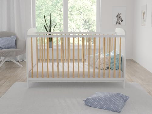 Love For Sleep MADDOX Cot Bed 140x70cm – Adjustable Base, Converts to Toddler Bed & Sofa Bed – Wooden Barriers Included – Baby Crib from Birth to 6 Years (White/Pine, Cot Bed)