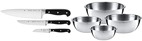 WMF Spitzenklasse Plus Messerset 3teilig Made in Germany, 3 Messer geschmiedet & Schüssel-Set Gourmet für die Küche 4-teilig Edelstahl Cromargan Multifunktional als Rührschüssel