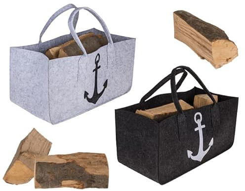 mucHome 2 Stück Filztaschen Anker Maritim Hellgrau & Dunkelgrau mit Tragegriffen für Kaminholz ca. 50 x 25 cm für bis max. 15kg Füllgewicht Filzkorb Einkaufstasche Zeitungsständer
