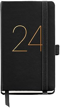 Miquelrius - Jahreskalender 2024, Tagesansicht, Passport-Größe 90 x 140 mm, fester Einband aus Kunstleder genäht, Gummiband, Spanisch, Englisch und Portugiesisch, Schwarz
