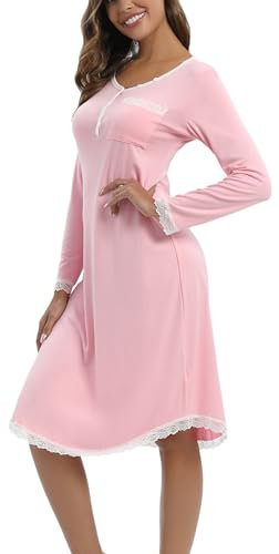 Yukiuiny Chemises de Nuit Femme Coton Dentelle Nuisette Robe de Nuit Longue T Shirt de Nuit Pyjama Casual Col V Sexy Maternité Allaitement Top Confortable Rose*Longue L