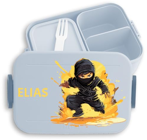 Kinder Bento Box Midi Lunchbox für Mepal Bentobox - Ninja Schattenkrieger Kampfstil - 900 ml - Hellblau - jausenbox junge schule brotbox brotdose schwarz vesperbox personalisierte brotzeitbox