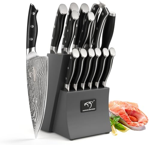 NANFANG BROTHERS Damascus Knife Set with Block 15pcs,Damascus Knives Set Damascus Steel, Japanese Professional Kitchen Knife Set with Wood Knife Block Grey