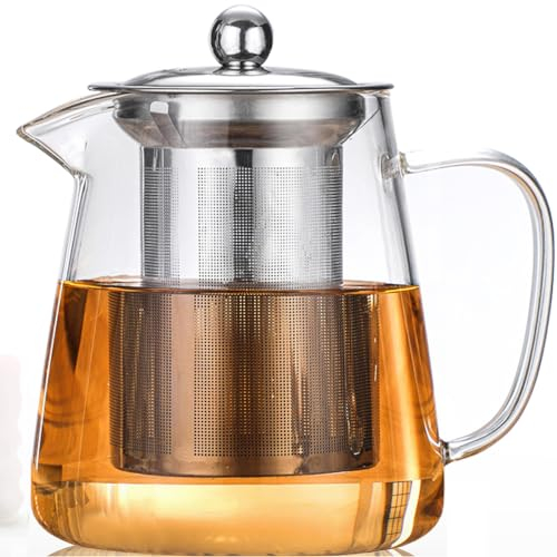 Glass Teapot Stovetop (950ml 32oz) BOWD Removable with Heat-Resistant Stainless Steel Tea Strainer, for Tea Coffee Water Carafe Can be Used in Microwave Oven Safe, Borosilicate Clear Tea Kettle