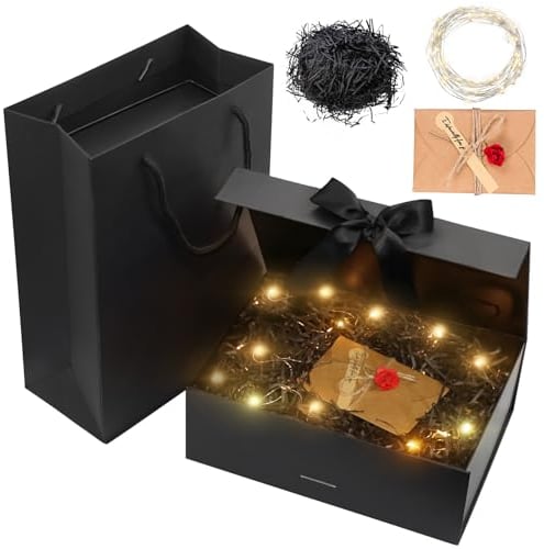 Idota Geschenkbox mit Deckel, Geschenkschachtel Schwarz, Geschenkkarton mit Schleife, Tasche, Farbband, Licht, Raffia, Grußkarten,Geschenkboxen für Hochzeit Geburtstag Weihnachten Jubiläum (Schwarz M)