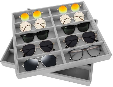 YAYODS 2 Pcs Sunglass Organizer Tray, Velvet Glasses Sunglasses Organizer Storage 10 Grids Eyeglasses Holder Organizers Trays for Display Jewelry, Watch, Sunglass, Women, Men (Gray)