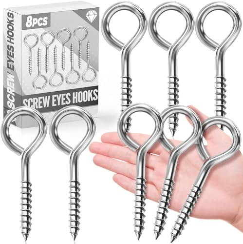 FFWHKON Ganchos de ojo de 5 pulgadas, pernos de ojo atornillados, paquete de 8 ganchos de ojo grandes plateados resistentes para colgar, amarres, aplicaciones resistentes