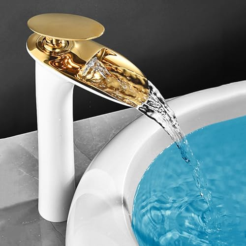 Robinet Cascade Salle de Bain Haut Mitigeur Vasque a Poser a Poignée Unique 1 Trou,blanc + Or