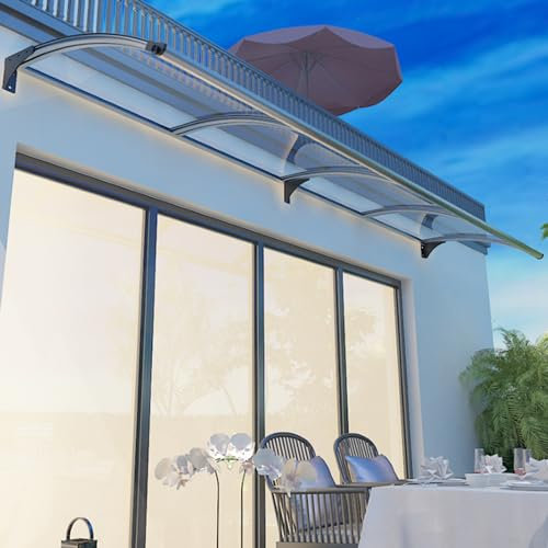 Vordach für Haustür mit Regenrinne Fenstermarkise gegen Regen,Schnee,UV,Dach,Markise Schutz aus Polycarbonat Rahmen aus Aluminium,Sonnendach,Terrassentür (150×300cm)