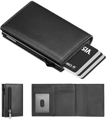 Manmaxim Mens Wallets, Pop up Credit Card Holder Wallets for Men, Slim Wallet RFID Blocking, Minimalist Wallet Metal Card Cases Smart Card Holders for Men with Coin Pocket & ID Window (Black)