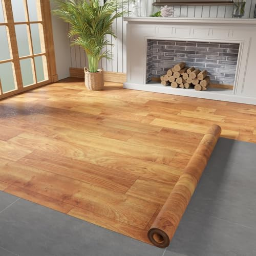 Oxdigi Vinyl Flooring Roll 53 sq.ft | 3'4W x 16'5L, PVC Leather-Like Linoleum Floor Covering, Waterproof Durable Heavy Vinyl, Easy to Install with Tape, Removable- No Adhesive Backing, Natural Oak