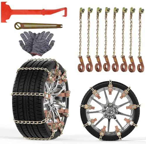 Schneeketten für Autos, 165-285 mm Autoreifen-Schneekette, Autorad-Schneerutschen-Notfallketten für für Auto, LKW, SUV Fahrbahn Schnee Straßen, 8er-Pack mit Plastikschneeschaufel，Handschuhe