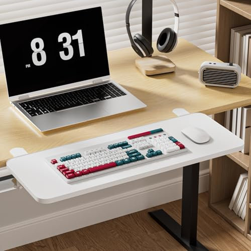 Makamsui Keyboard Tray Under Desk, Keyboard Holder with Adjustable C Clamp Mount, Desk Extender, 90 Degree Folding Mouse Computer Keyboard Platform Tray Computer Drawer for Typing White