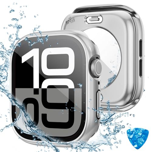 Kamita Wasserdicht Displayschutz Hülle Kompatibel mit Apple Watch Serie 10 42mm, 2 in 1 Hart PC Bumper Case mit 9H Hartglas Displayschutzfolie, 360° Rundum Schutzhülle Cover für iWatch10 42 (Silber)