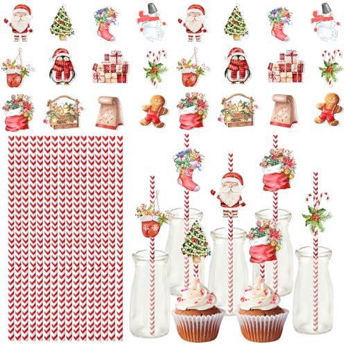 24pcs Christmas Straws Xmas Paper Straws,Christmas Drink Accessories Santa Snowman Pattern Cocktail Straws Juice Coffee Cold Drinking Straws for Restaurant Home Bar Christmas Party Drink Decorations