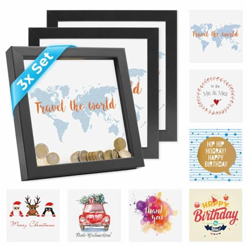 PHOTOLINI Bilderrahmen Spardose zum Befüllen 20x20 cm schwarz, 3er Set Objektrahmen für Geldgeschenke, 7 austauschbare Motive, Aufstellen & Aufhängen, DIY - perfekt zum Basteln und als Geschenk