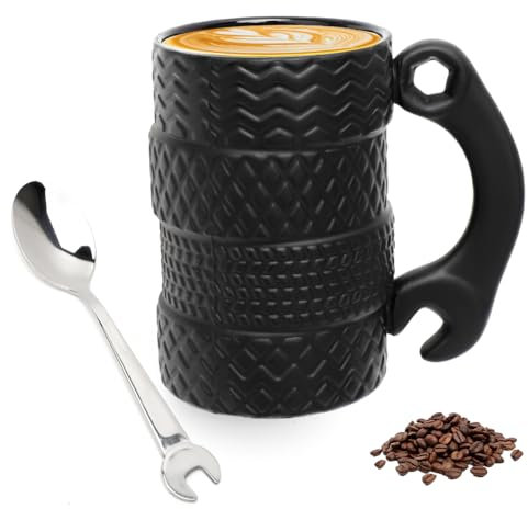 Reifentasse mit Löffel, Reifentasse Großes Fassungsvermögen 500ML Keramik Große Autotasse Kaffeetassen für Männer für Autoliebhaber für Zuhause Büro, Ostern Geburtstag Geschenk für Fahrer Mechaniker