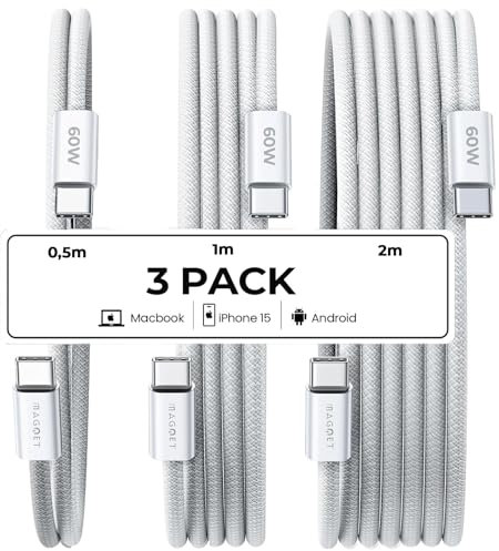 Magnet, Lot 3 Câble de Charge Rapide 60W [CottonBraid] Renforcé 0,5m+1m+2m, Chargeur Compatible avec iPhone 15, android, USB-C appareils