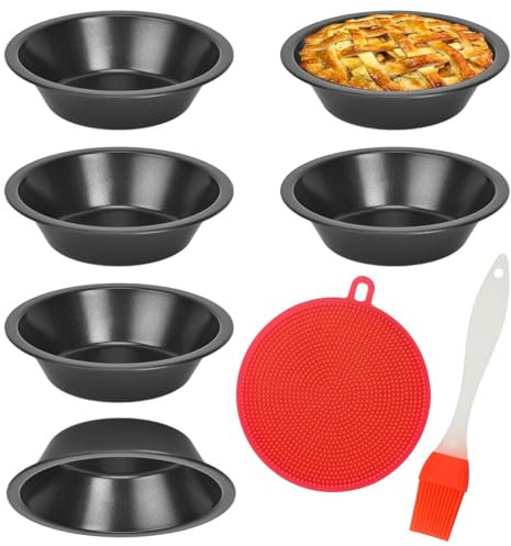 ELLECILA 6 Pack Individual Pie Dishs, Pie Tins for Baking, 5 Round Non-Stick Mini Quiche Tin, Carbon Steel Oven-Safe Pie Tins with Oil Brush & Dish Cloths（13x8x3cm