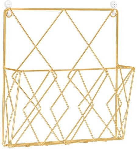 Bathroom Magazine Rack, Gold Iron Wire Wall Mount File Holder, Wall-Mounted Organizer for Home School Dorm Newspapers Books Document