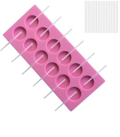 Moule à Sucettes en Silicone,12 Moules de Sucette Cavités avec 50 Bâtons de Sucette,Moule à Sucette Chocolat Moules à Sucettes Ronds Moule à Lollipop pour Sucettes,Bonbons,Pâtisserie,Gâteaux,Chocolat