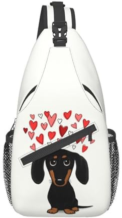 Brusttasche Custom Dackel mit Valentinstag Herzen Crossbody Sling Rucksack Männer Cartoon Wiener Dachs Wurst Hund Schulter Urlaub Sport Geschenke