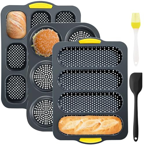 5er Silikon Backformen, 4 6 9 Mulden Burgerform Hot Dog Brötchenform Baguetteform Muffinform mit Teigschaber und Backpinsel für Brot Sandwich Ofen Spülmaschine Mikrowelle geeignet