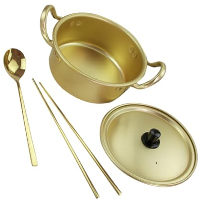 Luxshiny Aluminum Ramen Cooker 16cm Korean Multi-Function Noodle Pot Gold Chopsticks Fork and Spoon Set Household Kitchen and Camping Picnic Cooking Pot
