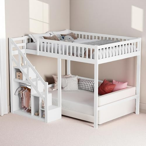 JYNVO Cama Alta 140x200 cm para Niños y Adolescentes, Cama Elevada de Madera de Pino con Escalera de Almacenamiento y Barandilla de Seguridad, Estructura Juvenil Ahorro de Espacio, Blanco