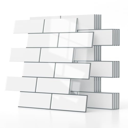 WADILE Carrelage Mural 3D Autocollant, Lot de 5 Panneaux Muraux en Mousse PVC avec Film Aluminium, Imperméable pour Cuisine et Salle de Bain, Effet Brique Blanche